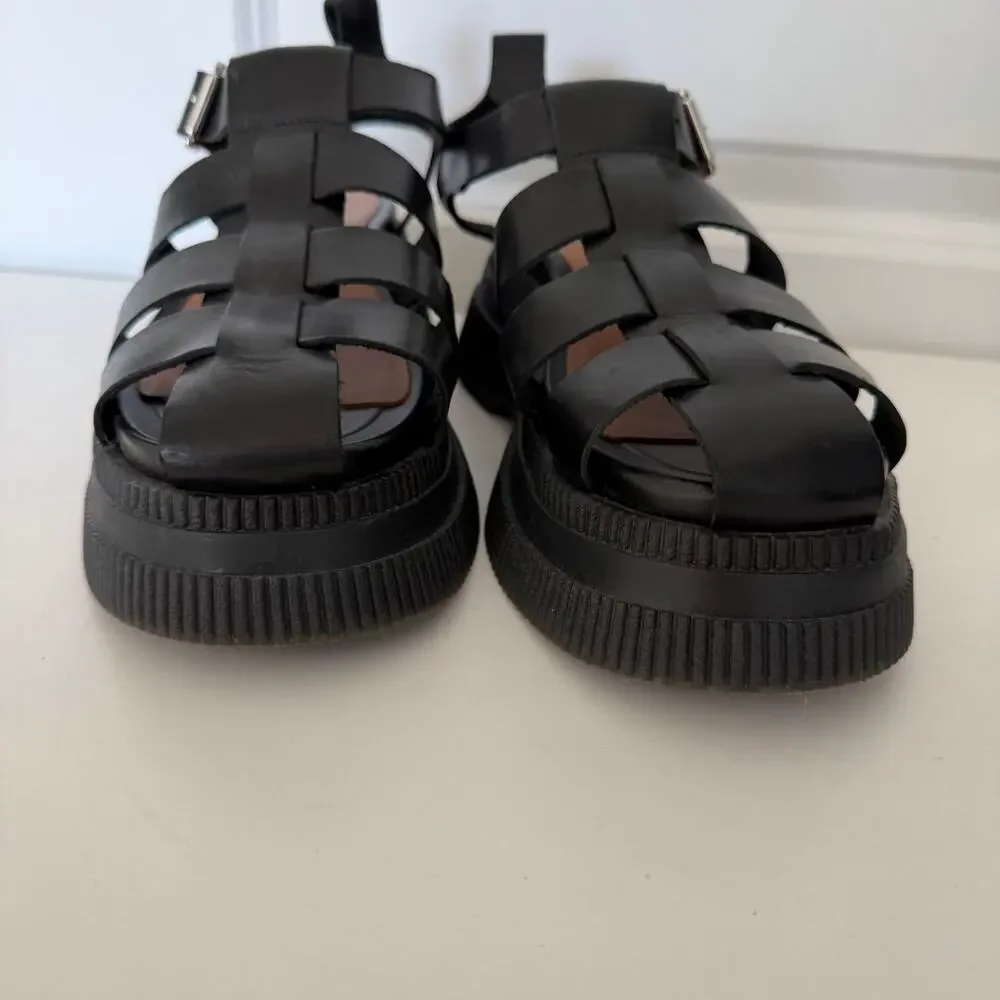 GANNI (US 7 / EU 37) Black Leather Fisherman Sandals Platform Lug Sole Shoes